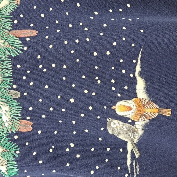 Vintage Morning Sun birds nest Holiday Christmas XL navy blue & red sweatshirt - Picture 4 of 7